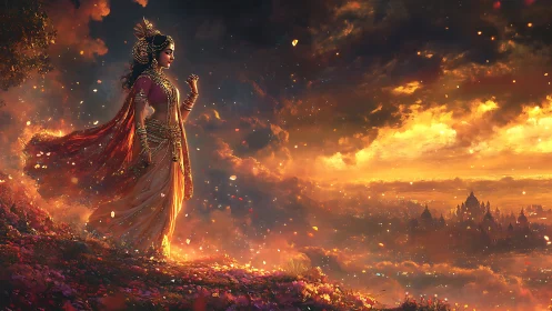 Twilight goddess strolling above a glowing dream city.