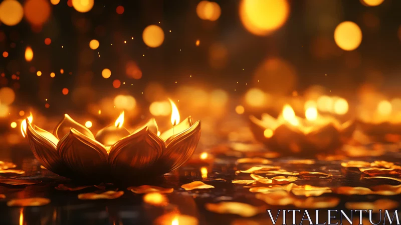 Photorealistic lotus oil lamps with bokeh field composition.