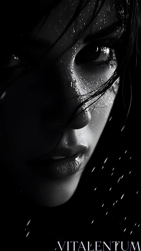 Moody close-up portrait glistening softly in the rain.