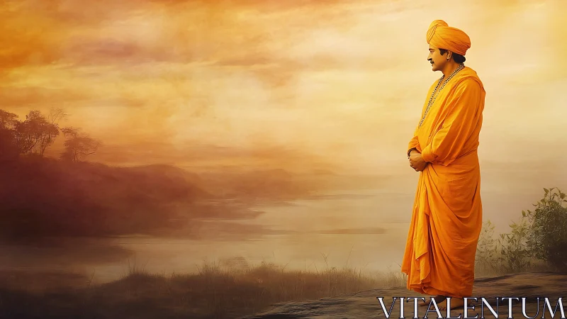 Digital painting of serene monk at riverbank under dawn sky.