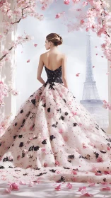 Backless floral ballgown under cherry blossoms, Paris skyline