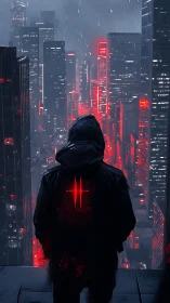 Lone hooded figure above neon red cyberpunk skyline at night.