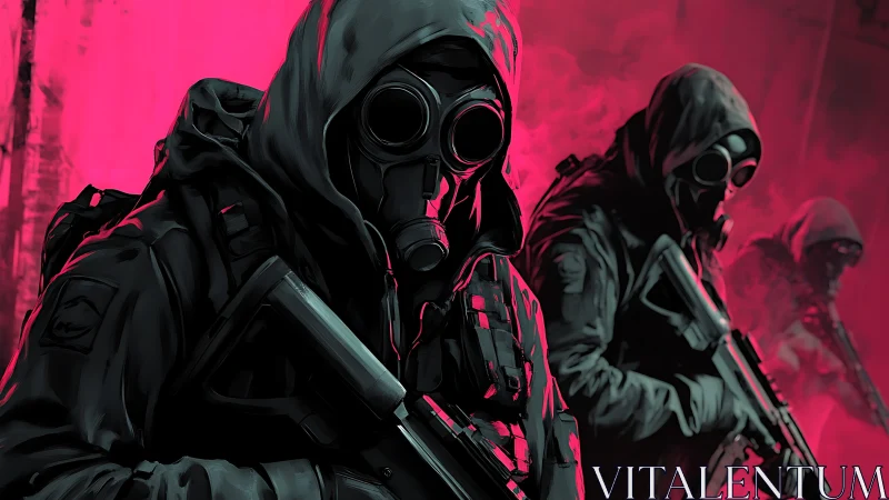 Hooded tactical squad emerging from neon pink shadows.