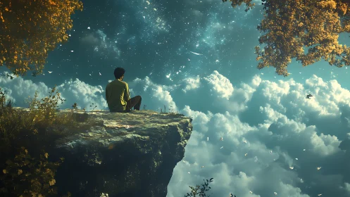 Quiet dreamer resting on a cloud-kissed cliff at night.