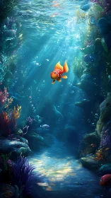 Solitary clownfish drifting through luminous reef canyon.