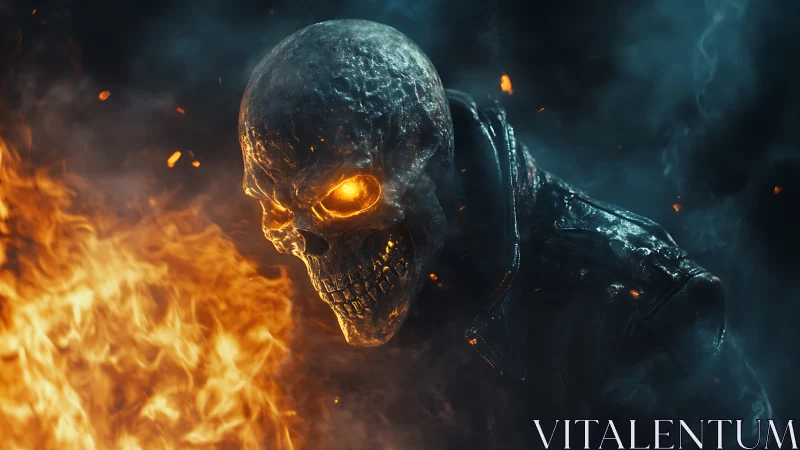 Flaming skull figure in leather within dark smoky scene.