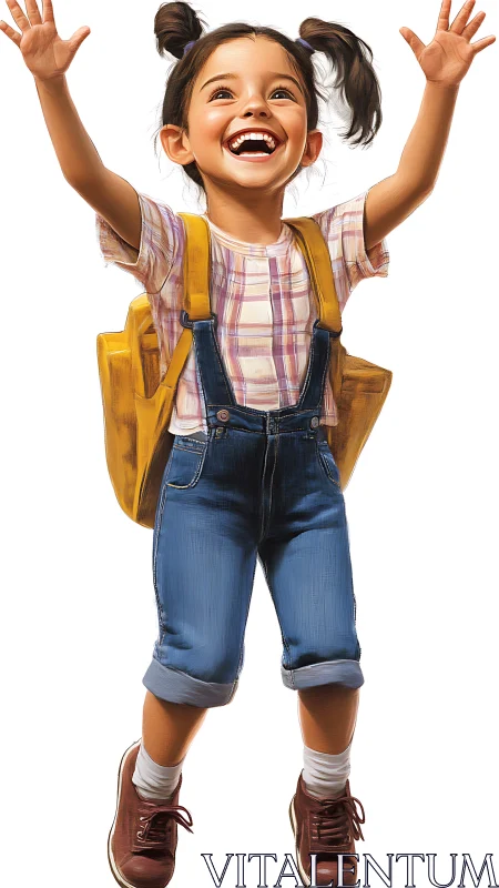 Child in casual outfit with backpack on white background.