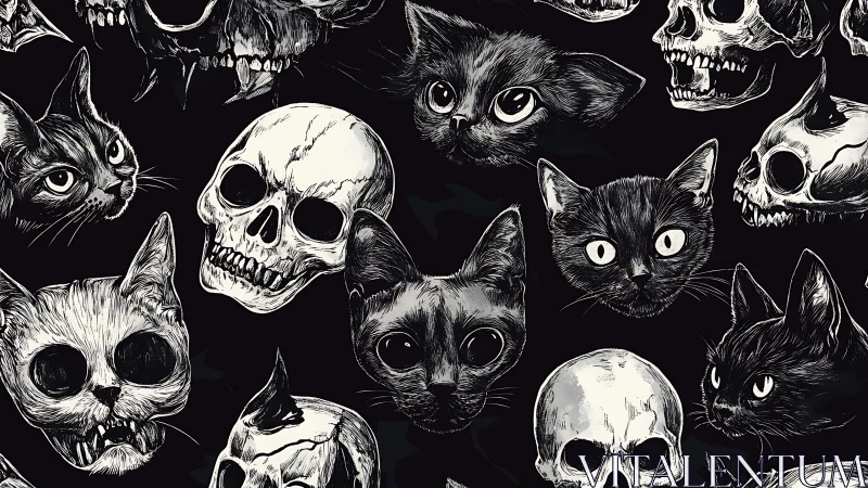 Spooky Cats and Skulls in Moody Black and White Art.