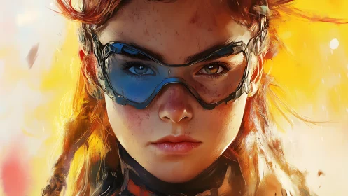 Fierce young trailblazer in glowing sci fi adventure light.