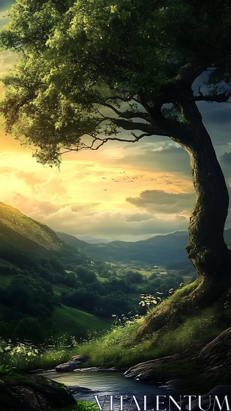 Golden hour valley under a watchful hillside tree.
