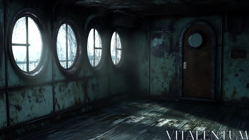 Rusting ship corridor catches cold coastal daylight.