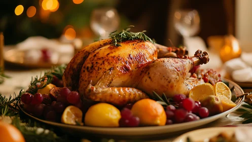 Roast turkey rests on festive platter with citrus and grapes
