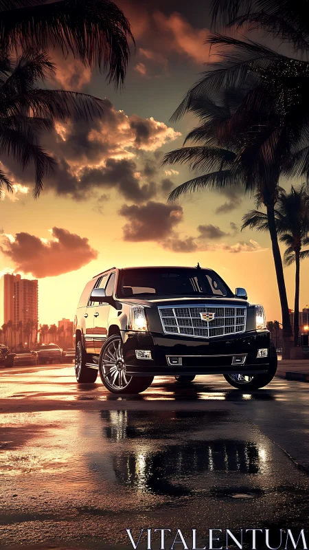 Black luxury SUV dominates wet coastal boulevard at sunset