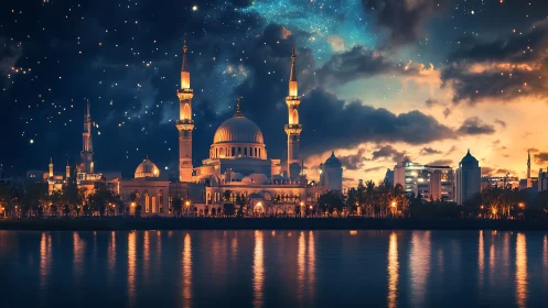 Riverside mosque skyline under starry twilight sky.