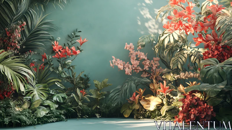 Tropical Botanical Composition with Architectural Staging and Luminous Interplay.