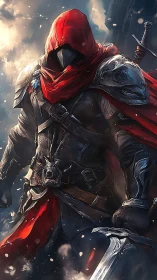 Hooded armored rogue with red cloak rendered in dynamic chiaroscuro