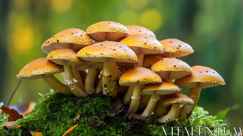 Golden woodland mushrooms cluster in vivid forest focus.