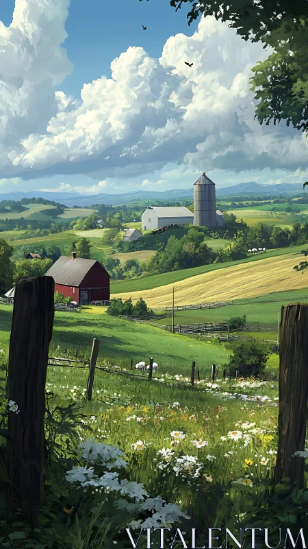 Pastoral farmland scene shows barns, silo, fields, and clouds