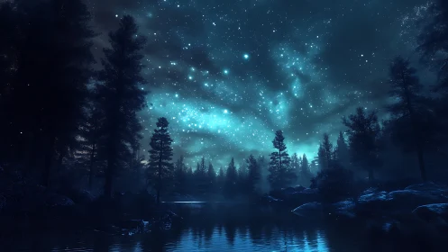 Star-filled night sky over calm forest lake landscape.