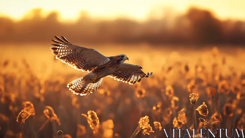 Hawk Soaring Over Golden Field at Sunset in Photorealistic Style.
