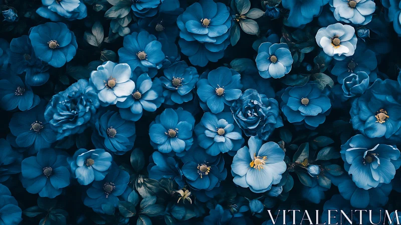 Blue Floral Cascade Blooming Against Dark Background.