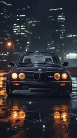 Photorealistic BMW M3 night portrait with cinematic rain reflections.
