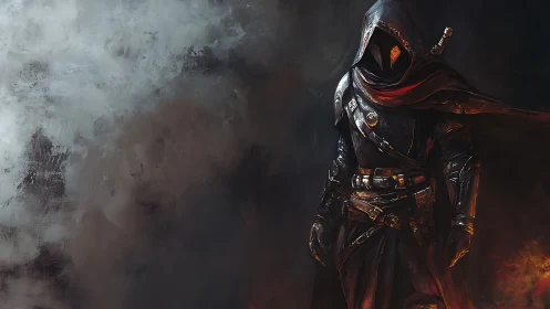 Shadow-cloaked rogue strides from embers into gathering storm.