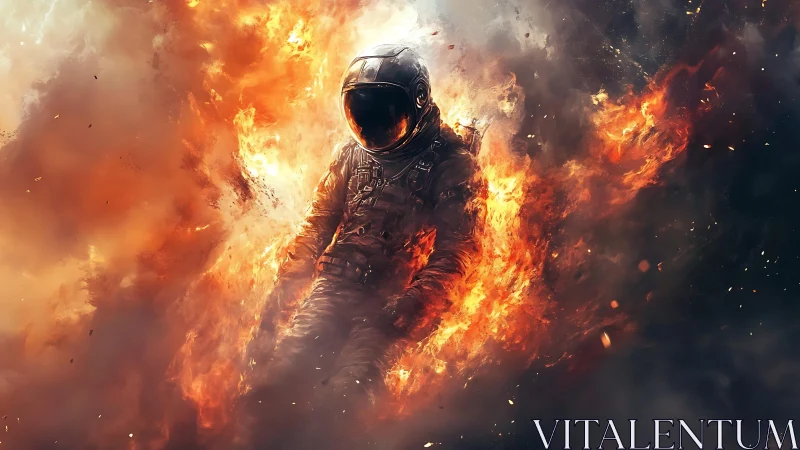 Spacesuit Figure in Intense Inferno: Digital Composite with Explosive Pyrotechnic Effects.