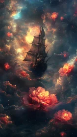 Sailing ship drifts through cosmic storm of blooming nebulae.