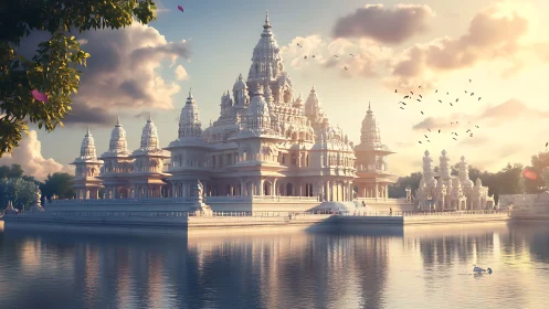 Sunlit marble temple complex reflected on calm lake surface.