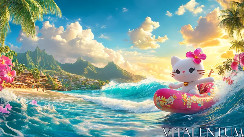 Sunlit Island Surf With a Flower-Crowned Kitty Friend.