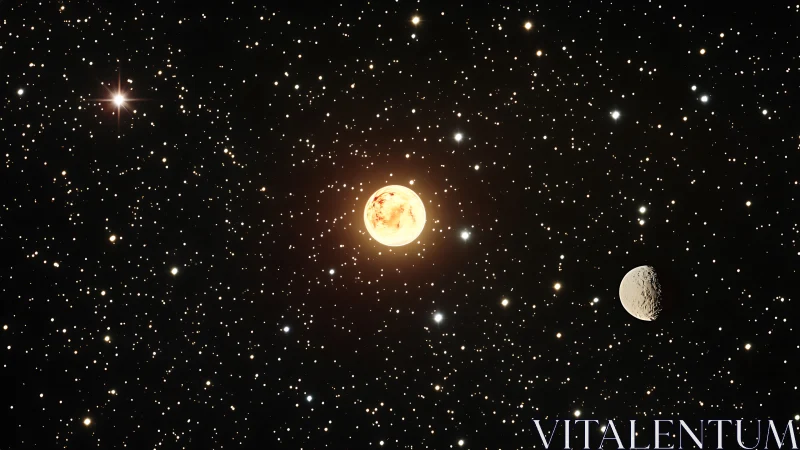 Glowing star and cratered moon in dense starfield view.