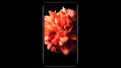 Red Dahlia Bloom Rendered on Modern Smartphone Display.