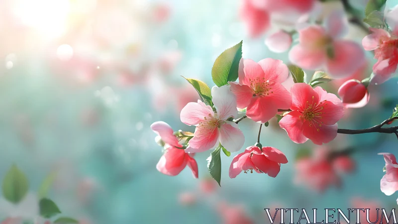 Spring Blossoms Bloom Soft Pink Against Turquoise Light.