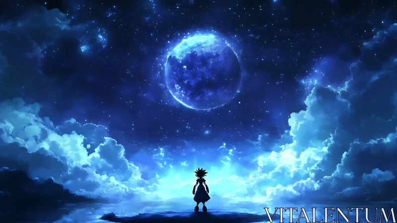 Silhouette observes large moon centered in dense star field