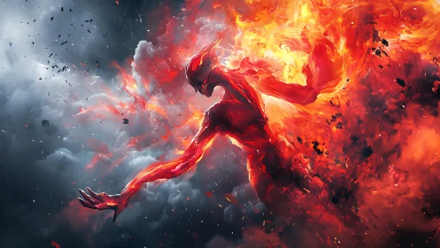 Flaming humanoid elemental erupting through storm-torn clouds