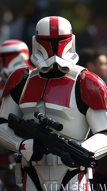 Scarlet-armored space trooper stands on parade watchfully.