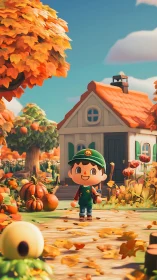 Stylized autumn village scene with toon-shaded character rendering