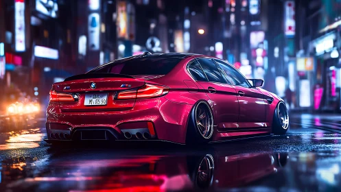 Red BMW sedan in wet neon-lit city street at night scene.