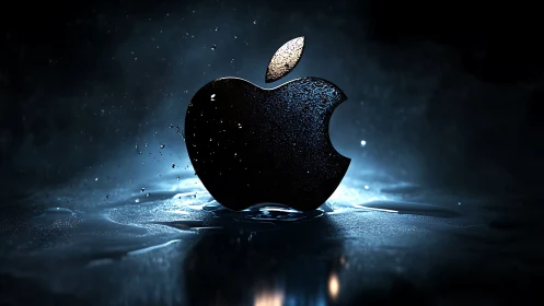 Gleaming apple logo rises from cool, cinematic water light