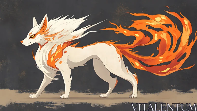 Mythic fox spirit strides forward with blazing flame tails