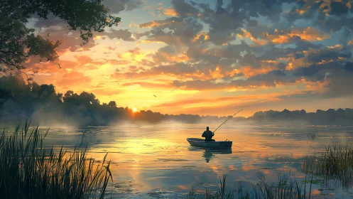 Digital painting of tranquil lakeside fisherman at sunrise.