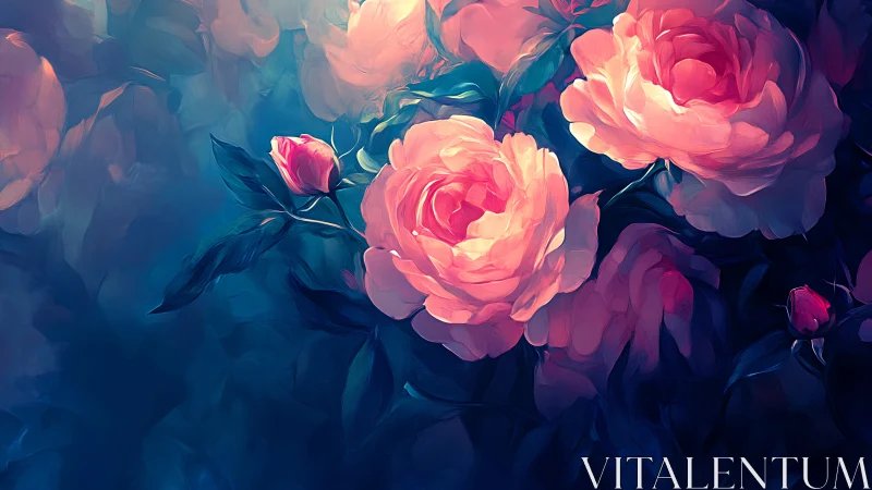 Pink Peonies Against Moody Teal Blue Atmospheric Background