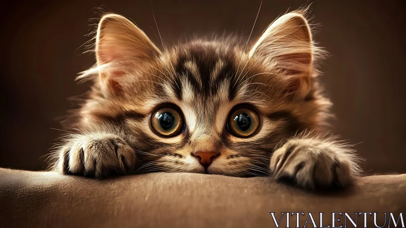 Tabby Kitten Peering Over Ledge with Wide Eyes.