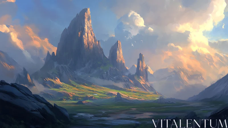 Mountain landscape with sharp peaks and layered clouds.