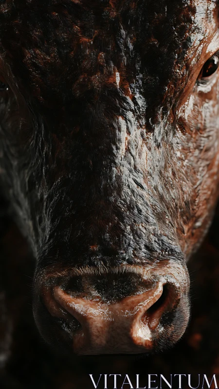 Close-up frontal view of cow muzzle in dark lighting.