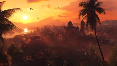 Digital tropical cityscape at sunset with cathedral silhouettes.