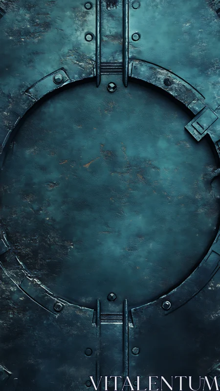 Weathered teal metal portal with quiet sci fi charm.