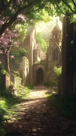 Sunlit overgrown cloister corridor with neo-gothic ruins.