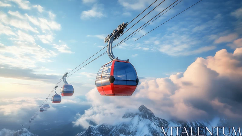 Red alpine gondolas glide above sunlit cloud deck.